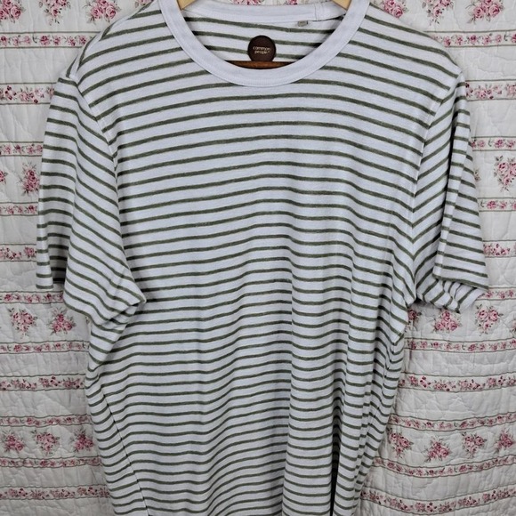 Common People XL Striped T-Shirt Olive Green White Short Sleeve Casual - Picture 1 of 6